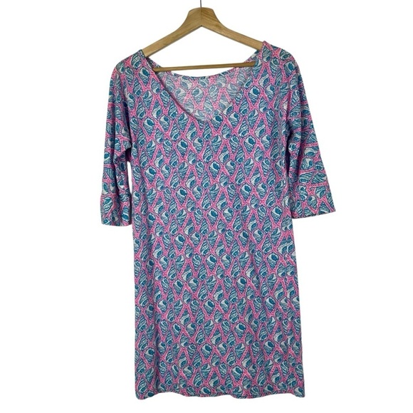Lilly Pulitzer Eliza Cosmo Pink A Little Tipsy Blue Shell T-Shirt Dress M - Picture 2 of 4